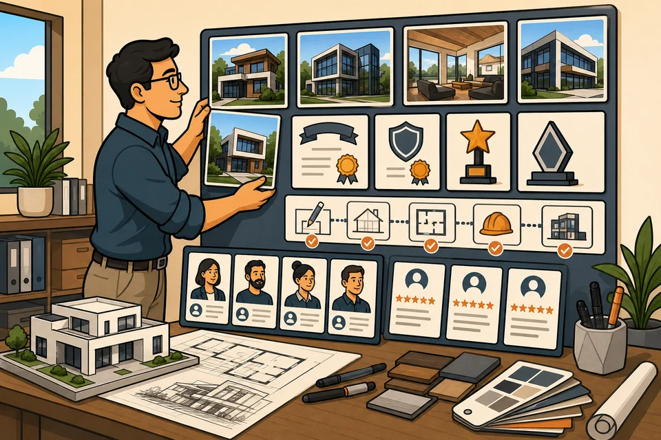 Architect trust-builder illustration for proof appears before hesitation.