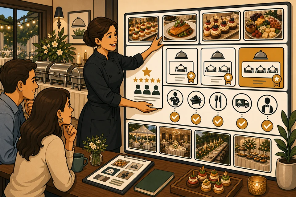 Caterers trust-builder illustration for proof appears before hesitation.