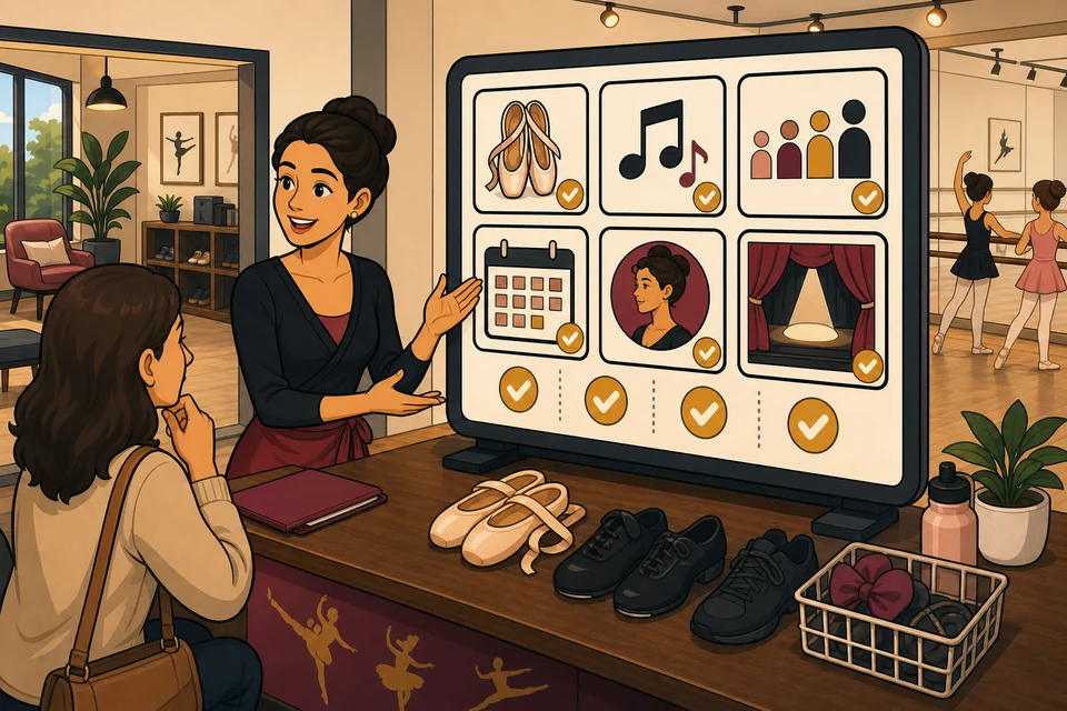 Dance Studios trust-builder illustration for trial class and enrollment requests stay obvious.