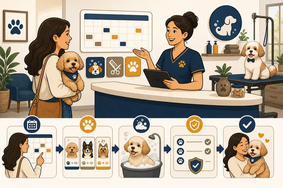 Dog Groomers trust-builder illustration for booking requests stay obvious.