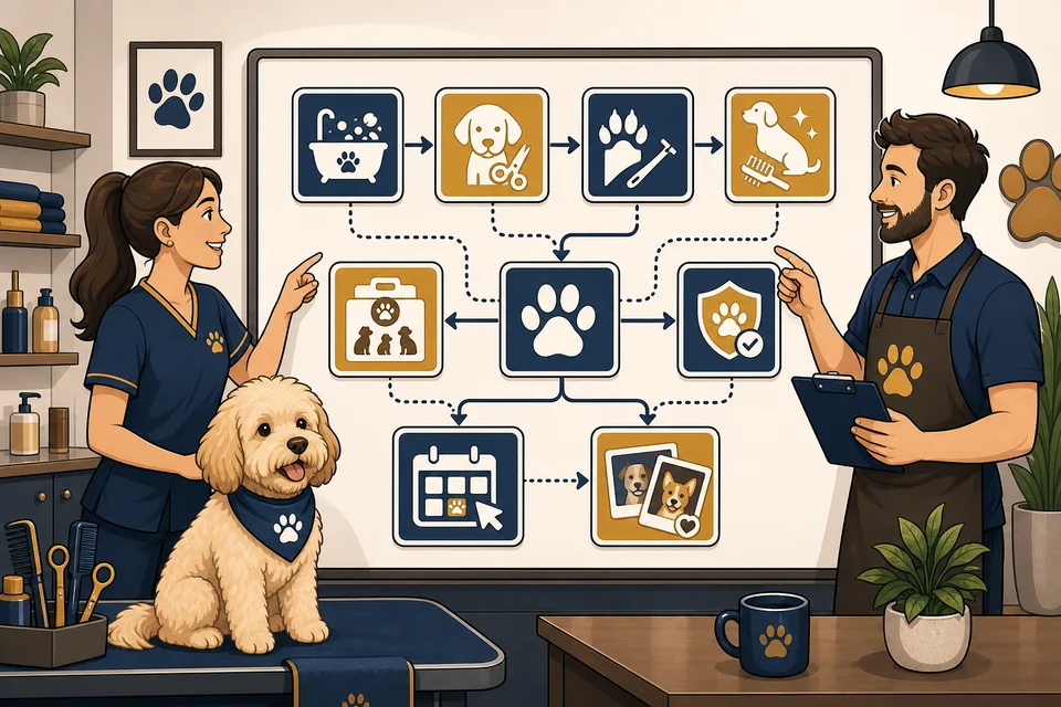 Dog Groomers trust-builder illustration for every major offer has a path.