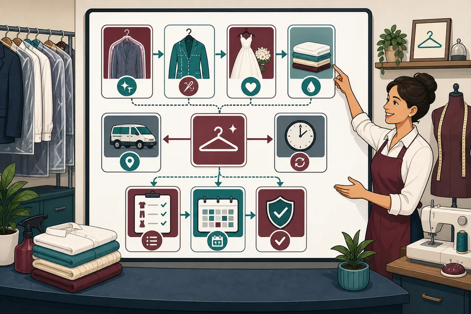 Dry Cleaning & Tailoring trust-builder illustration for every major offer has a path.