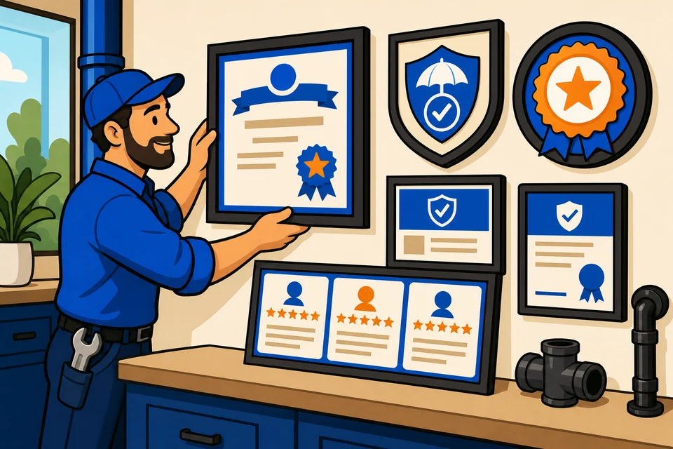 Plumbing business owner arranging license, insurance, warranty, guarantee, and review proof cards.